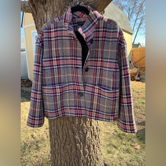 HALOGEN Tweed Crop Jacket Blazer Oversized Knit High Collar Boxy L Multicolor - Picture 3 of 10